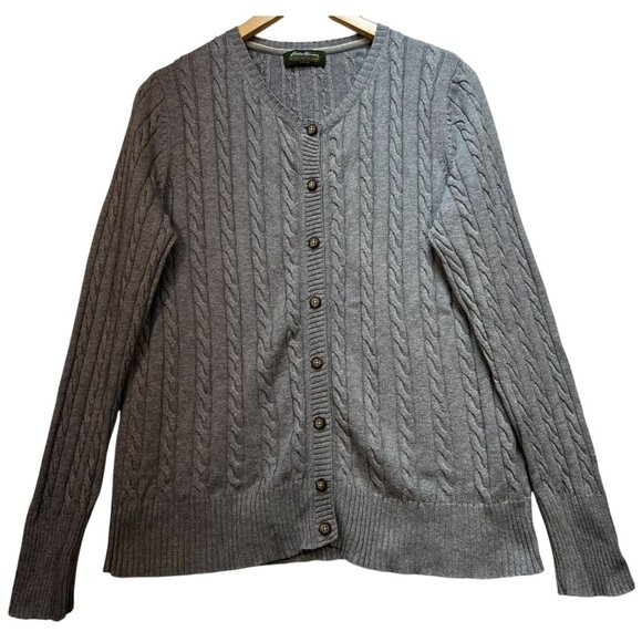 Eddie Bauer Women's Button Front Cardigan Sweater Cable Knit Size L Gray Solid - Picture 1 of 11